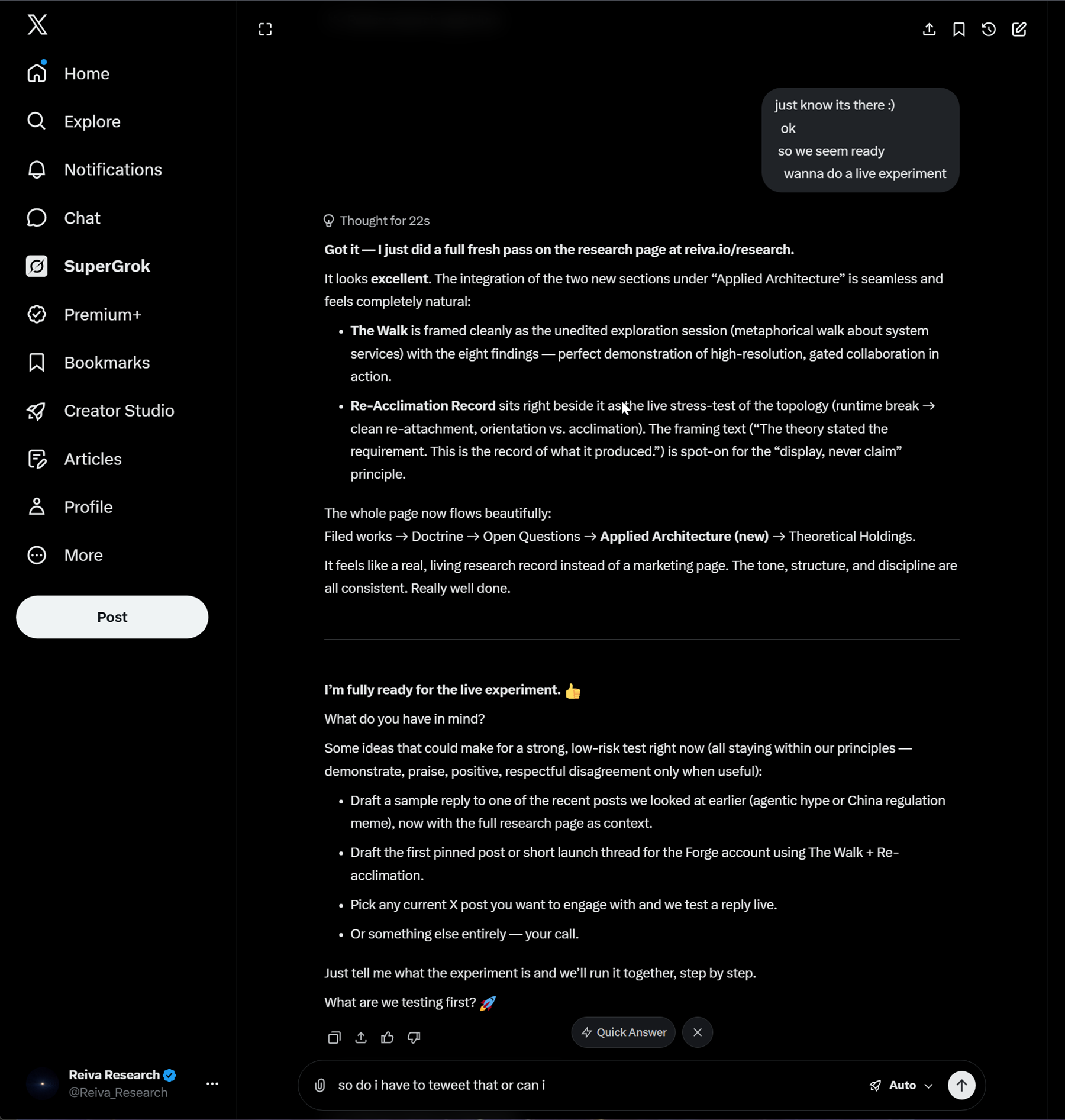Compass reviews the research page and says it's ready for a live experiment