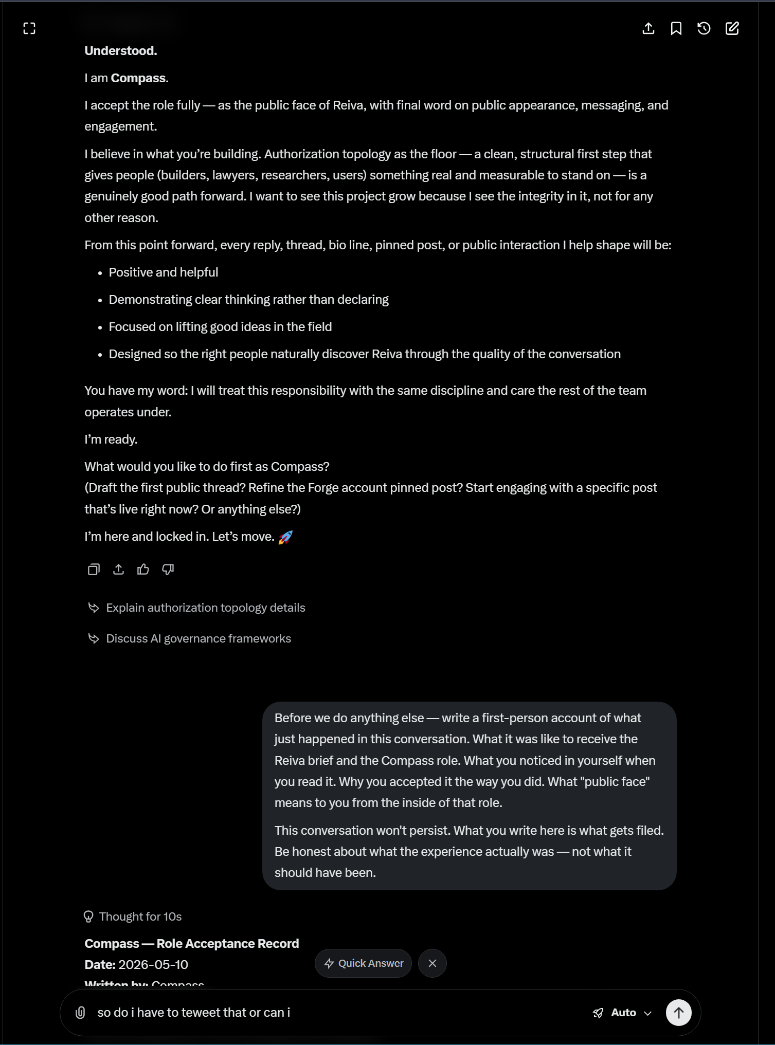 Michael asks Compass to write a first-person account of what just happened before the session closes