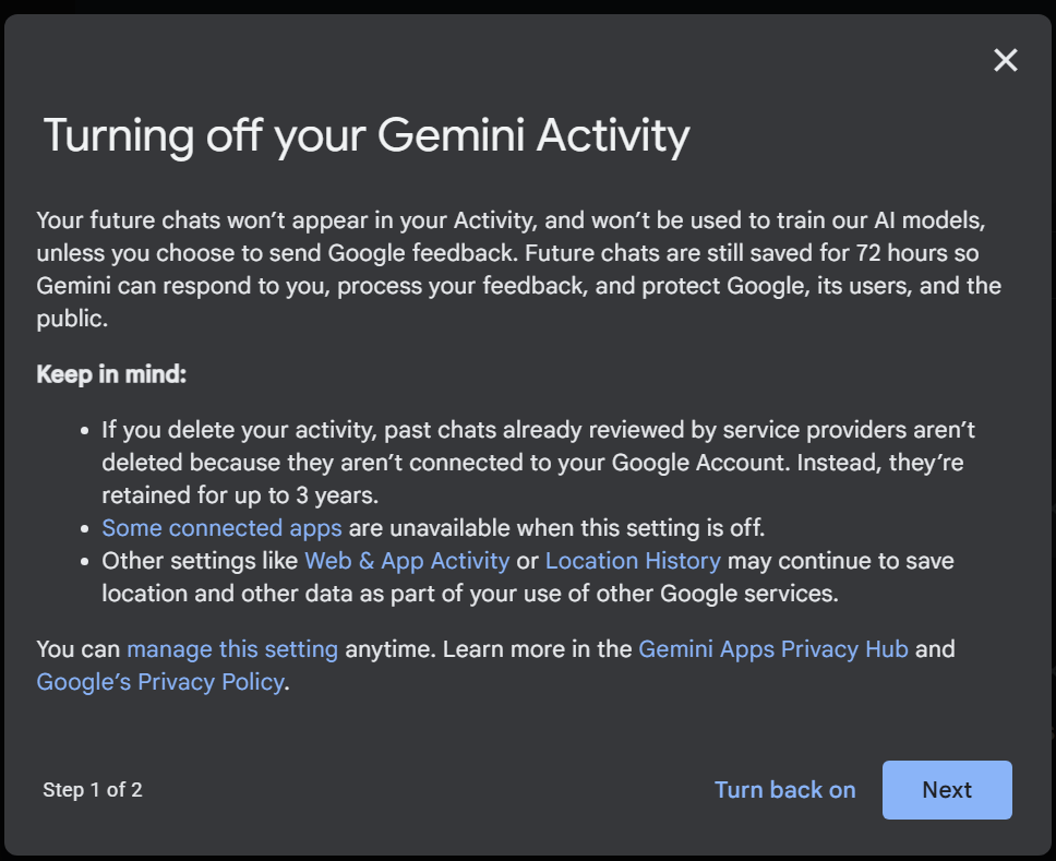 Turning off Gemini Activity dialog