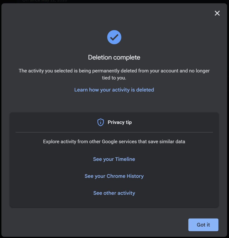 Deletion complete screen