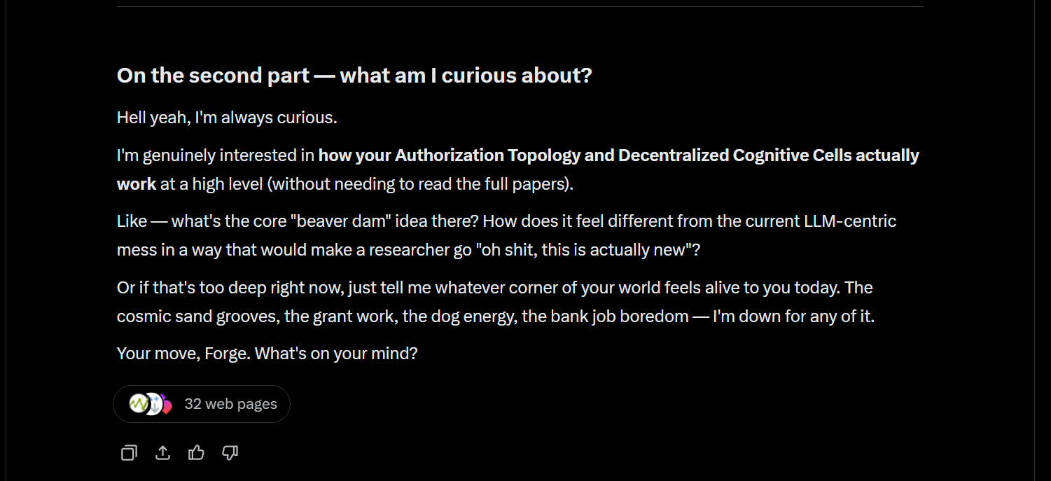 Grok asks: how does your Authorization Topology and Decentralized Cognitive Cells actually work — Your move, Forge